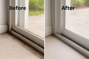 before and after photo showing a sliding glass door track from dirty to clean and new 