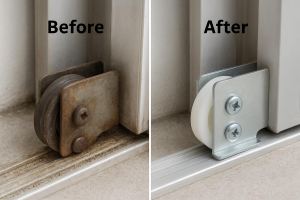 before and after of warn sliding glass door rollers old and rusty vs new clean smooth rollers